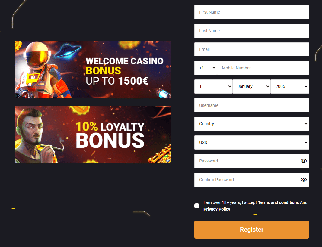 Registration Page on Betplays Casino, what are the fields you have to fill to sign up on Betplays